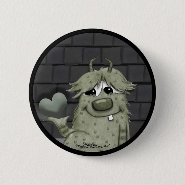 Fuzzy Green Monster with Heart 2 Inch Round Button (Front)