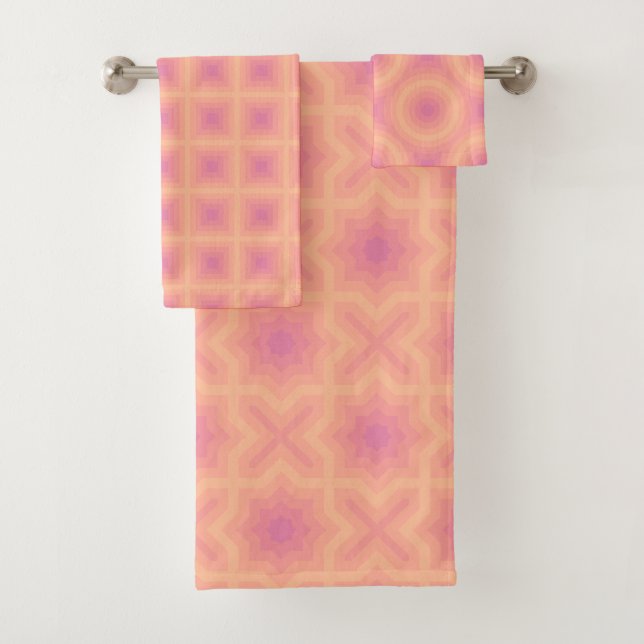 Fuzzy Peach Aurora Pink Patterns Bath Towel Set (Insitu)