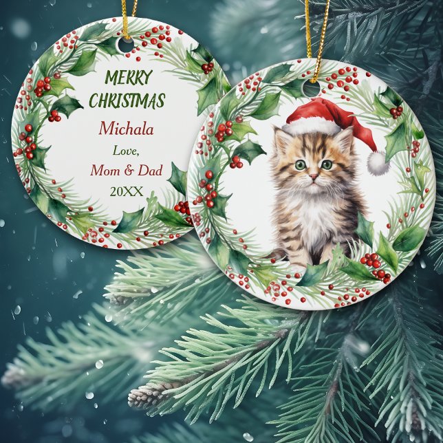 Fuzzy Santa Hat Tiger Kitten Kids Christmas Ceramic Ornament (Creator Uploaded)