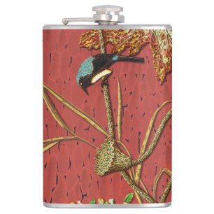 G.A. Audsley Vintage Red Japanese Bird Lotus Art Hip Flask