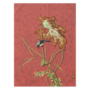 G.A. Audsley Vintage Red Japanese Bird Lotus Art Tablecloth