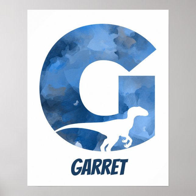 "G" Dinosaur Watercolor Blue Child's Name Poster (Front)