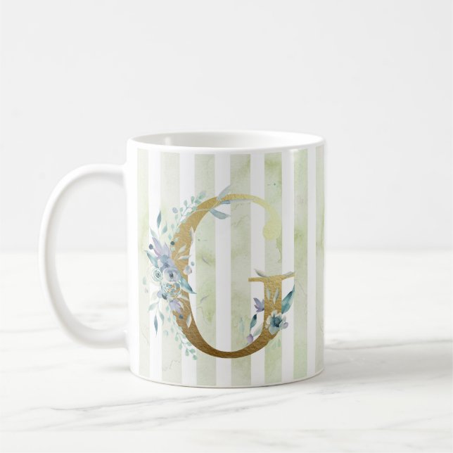 G  golden initial on blue and white stripes coffee mug (Left)