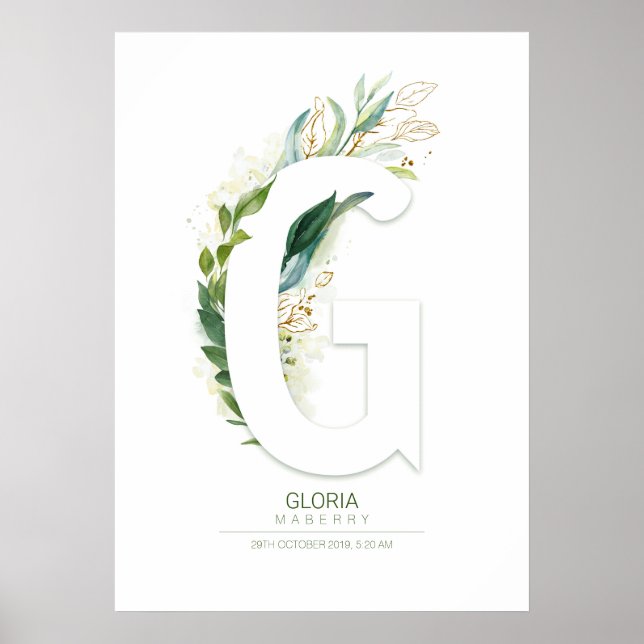 G Letter Monogram Gold Greenery Foliage Chic Poster (Front)