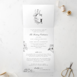 'G' Monogram Beautiful Sketched Floral Wedding Tri-Fold Invitation