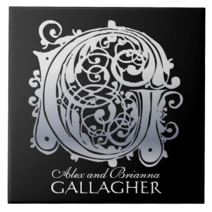 G Monogram "Silver Lace on Black" with Names Tile