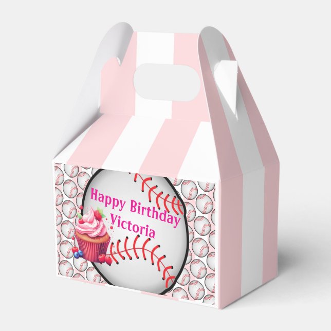 Gable Favor Box Stripe Pink and White Baseball (Front Side)