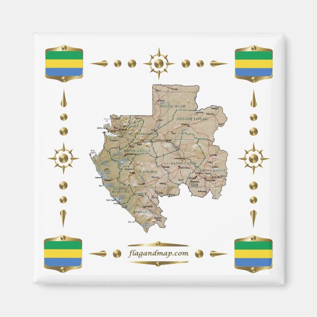 Gabon Map + Flags Magnet (Front)