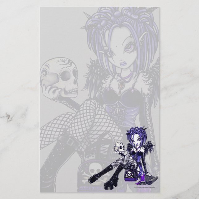 "Gabriella" Gothic Blue Skull Angel Art Stationery (Front)