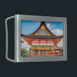 Gai-Haiden, Fushimi Inari-Taisha shrine, Kyoto #2 Belt Buckle<br><div class="desc">The Gai-Haiden (open walled outer worship hall) with a hip-and-gable roof covered in cypress bark thatch has been designated important cultural property. The iron lanterns hanging from the eaves depict the twelve signs of the zodiac.

The Gai-Haiden was first built in 1589,  and expanded to current structure at 1840.</div>
