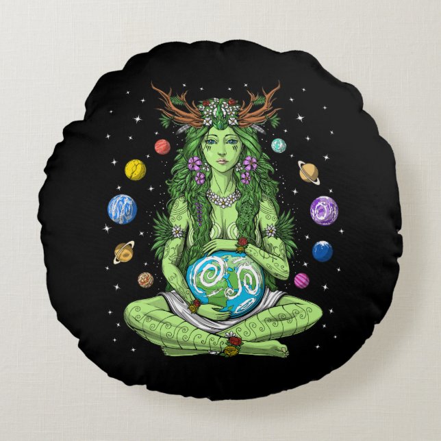 Gaia Mother Earth Goddess Round Pillow (Front)