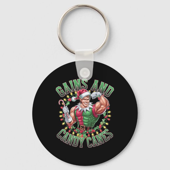 Gains And Candy Canes Funny Christmas Elf Gym Work Keychain (Front)