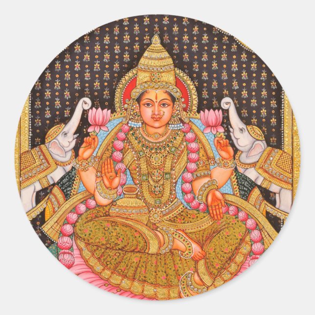 GAJA LAKSHMI INTRICATE TANJORE PAINTING {SOUTH IND CLASSIC ROUND STICKER (Front)