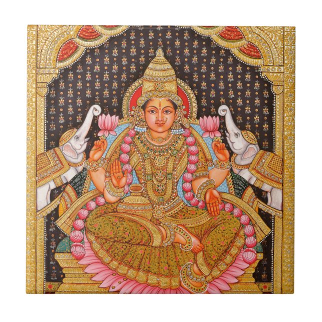 GAJA LAKSHMI INTRICATE TANJORE PAINTING {SOUTH IND TILE (Front)