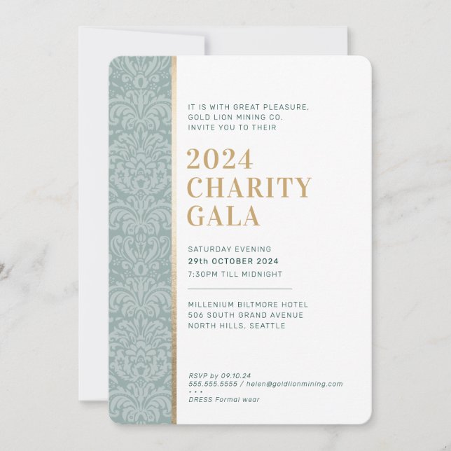 GALA BALL elegant damask dark green sage gold  Invitation (Front)