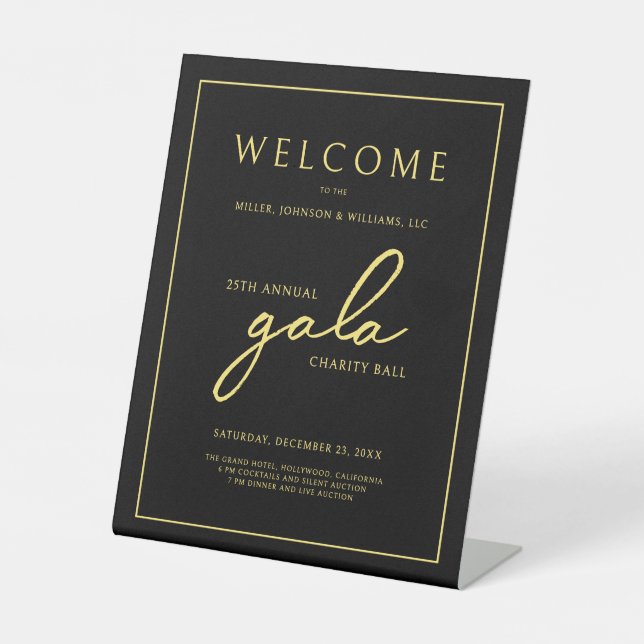 Gala Event Charity Fundraiser Black Gold Welcome Pedestal Sign (Front)