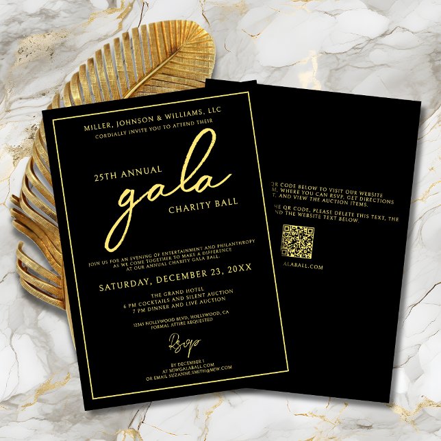Gala Event Charity Fundraiser Elegant Black Gold Invitation (Charity Gala Ball Fundraiser Black and Gold Invitation with Script Calligraphy, QR Code.)