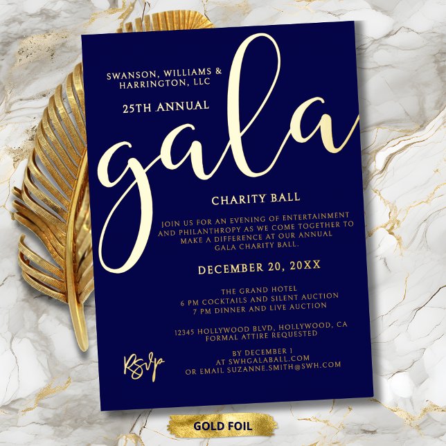 Gala Event Charity Fundraiser Elegant Blue Gold (Gala Event Charity Fundraiser Elegant Blue Gold Script Foil Invitation for Charity Gala Ball.)