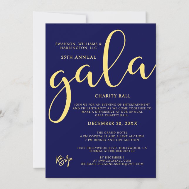 Gala Event Charity Fundraiser Elegant Blue Gold Invitation (Front)