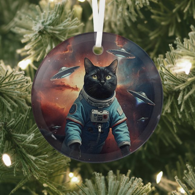 Galactic Cat Astronaut Glass Ornament (Insitu)