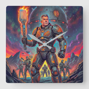 Galactic Grill Master Vintage Comic Sci-Fi Art Square Wall Clock