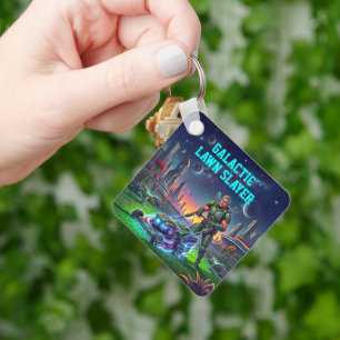 Galactic Lawn Slayer Retro Comic Space Astronaut Keychain
