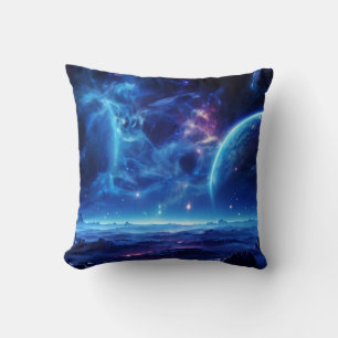 Galactic Oasis: Blue Nebula Stellar Landscape Throw Pillow