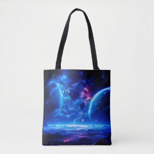 Galactic Oasis: Blue Nebula Stellar Landscape  Tote Bag