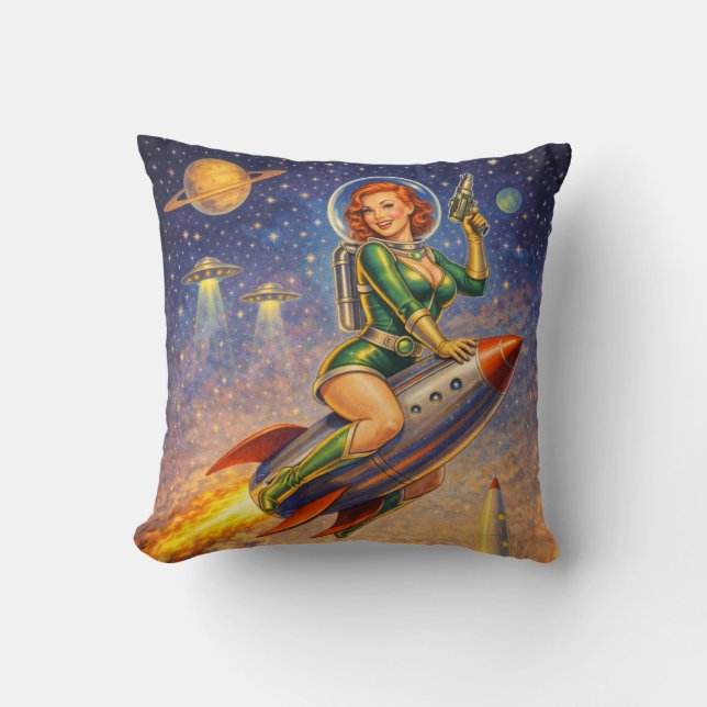Galactic Pin-Ups Retro Sci-Fi Throw Pillow (Front)
