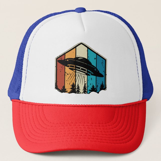 Galactic Reverie: UFO Soars Over Retro Forest Trucker Hat (Front)