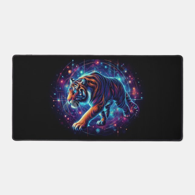 Galactic Tiger, Eye-Catching Neon Animals Desk Mat (Front)