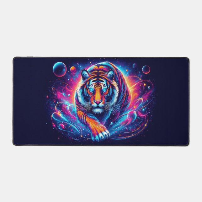 Galactic Tiger, Eye-Catching Neon Animals Desk Mat (Front)