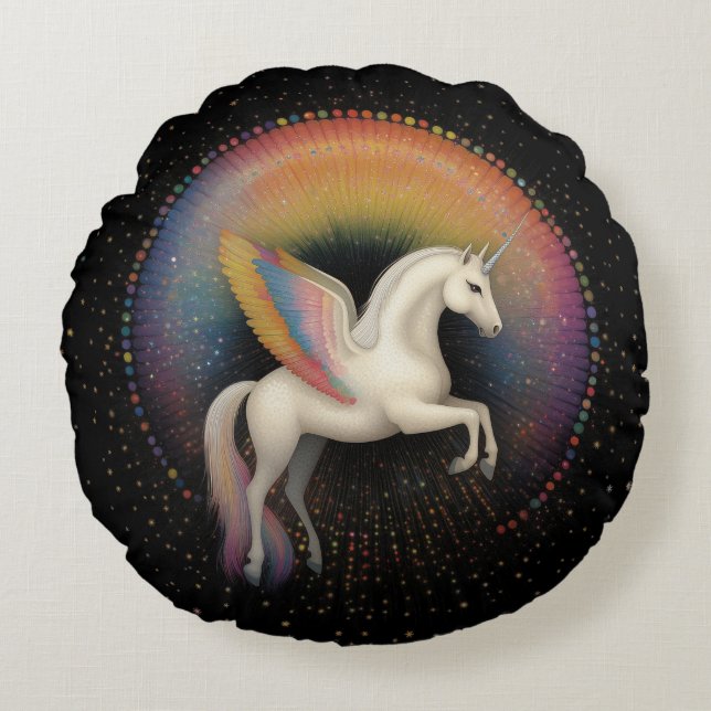 Galactic Unicorn Rainbow Coloured Stars Deep Space Round Pillow (Front)