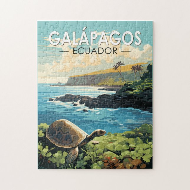 Galapagos Islands Giant Tortoise Travel Art Retro Jigsaw Puzzle (Vertical)