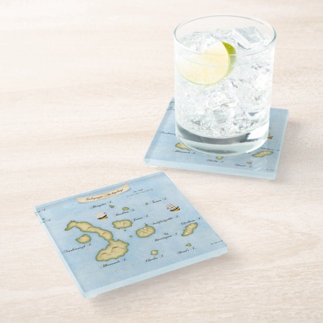 Galapagos Islands Ornamented Map With Ships Sea Glass Coaster (Angled)