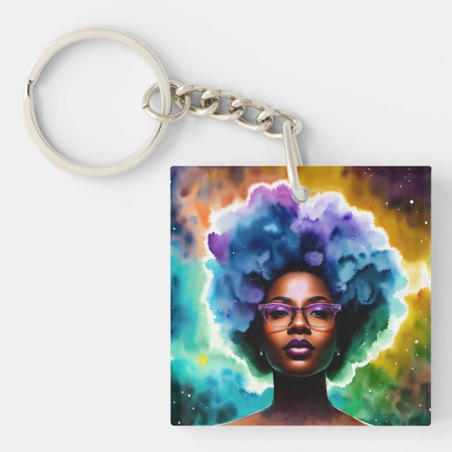  Galaxy Afro Black Woman In Glasses Keychain (Front)