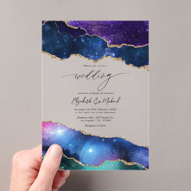 Galaxy Agate Faux Glitter Luxury Celestial Wedding Acrylic Invitations (Insitu (Handheld))
