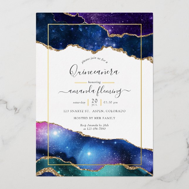 Galaxy Agate Quinceañera  Foil Invitation (Front)