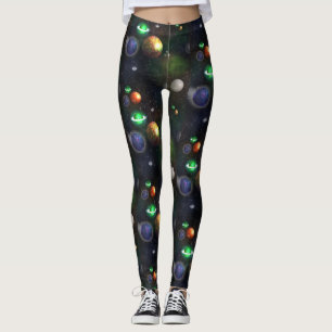 Galaxy and planets on black background leggings