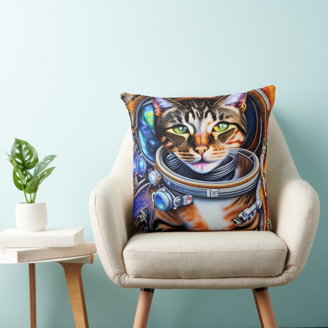 Galaxy Astronaut Cat Throw Pillow (Chair)