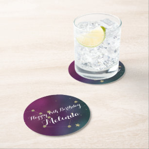 Galaxy Birthday Party Purple Blue Sky Foil Stars Round Paper Coaster