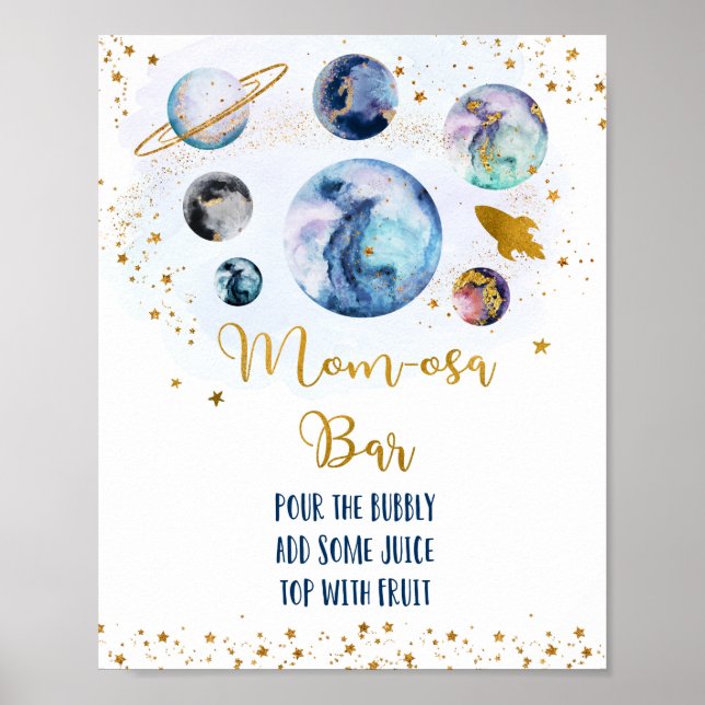 Galaxy Blue Gold Baby Shower Mom-osa Bar Poster (Front)