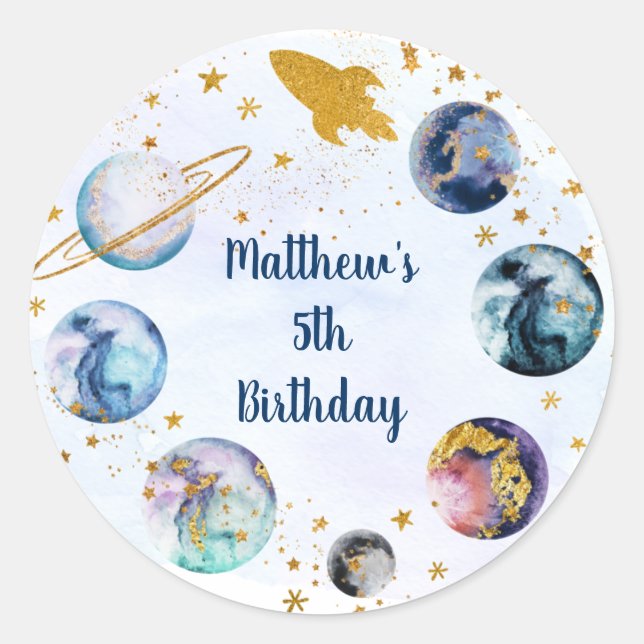 Galaxy Blue Gold Outer Space Birthday Classic Round Sticker (Front)