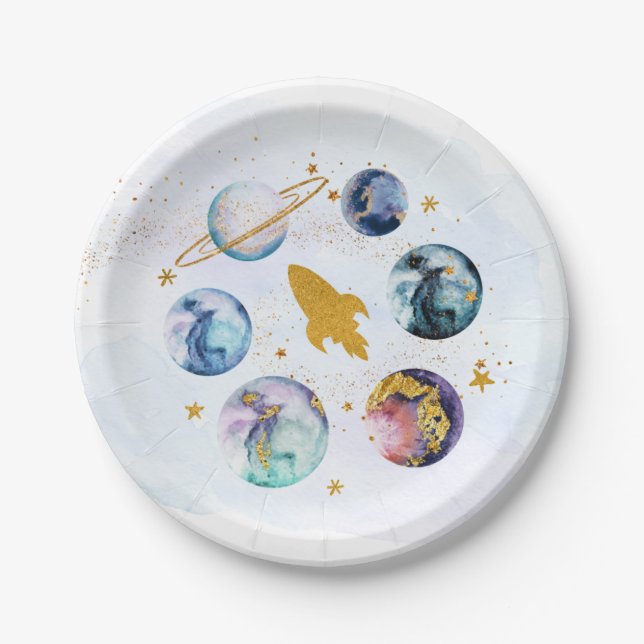 Galaxy Blue Gold Outer Space Birthday Paper Plate (Front)