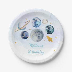 Galaxy Blue Gold Outer Space Birthday Paper Plate