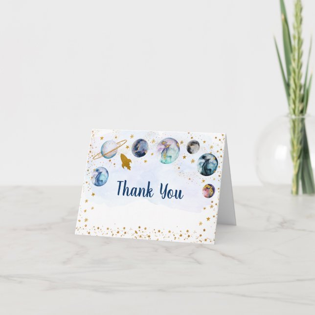 Galaxy Blue Gold Outer Space Birthday Thank You (Front)