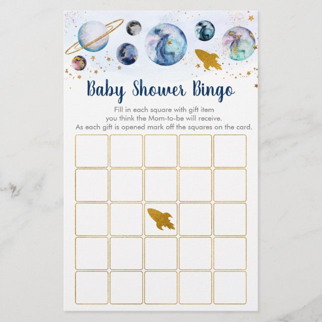 Galaxy Blue Gold Space Baby Shower Bingo Game (Front)