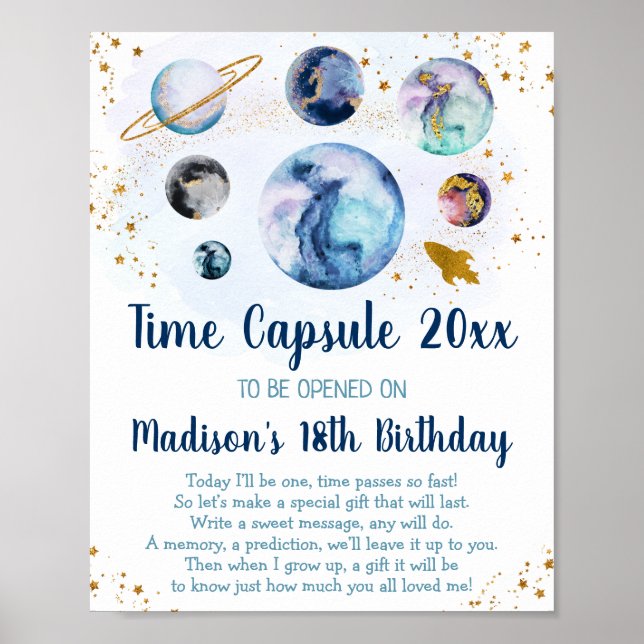 Galaxy Blue Gold Space Time Capsule 1st Birthday Poster (Front)
