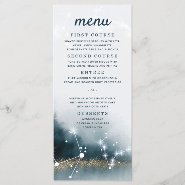 Galaxy Blue Gold Stars Wedding Menu (Front)
