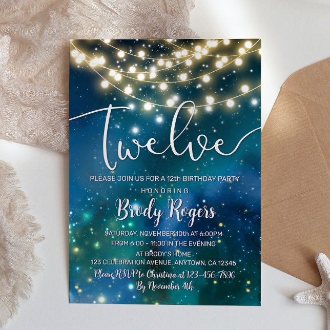 Galaxy Blue Stars String Lights Boys 12th Birthday Invitation (Creator Uploaded)